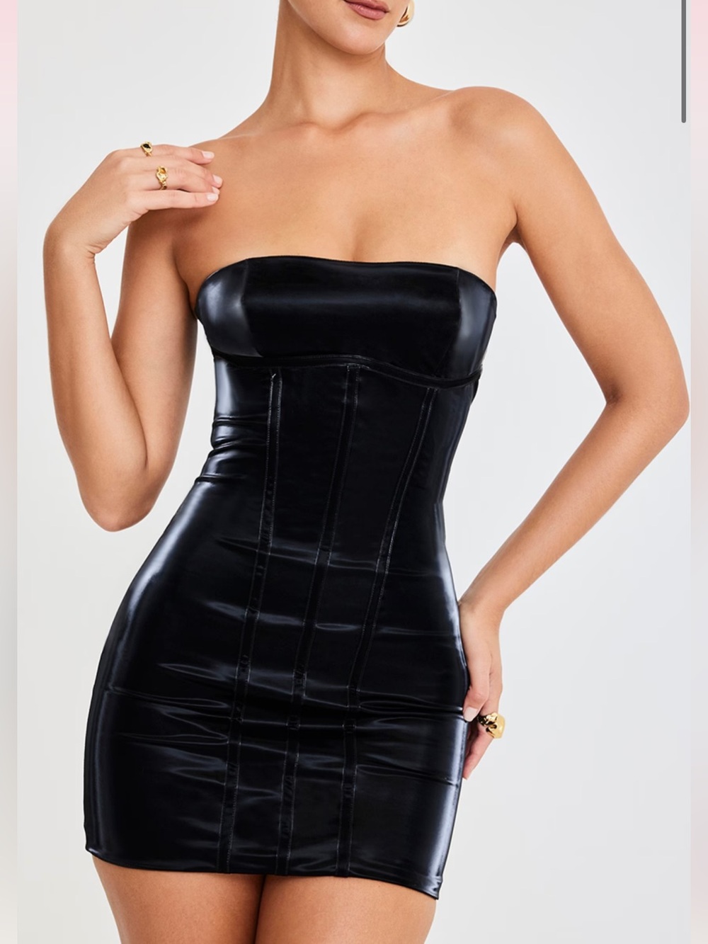 House of CB Mistress Rocks Black Strapless Corset Dress LBD Latex Mini xs